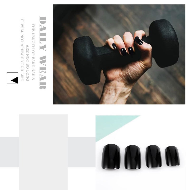 Gangel Black False Nails Square Fake Nails Medium Glossy Acrylic Full Cover Simple Press on Nails(24 pcs) - Image 4